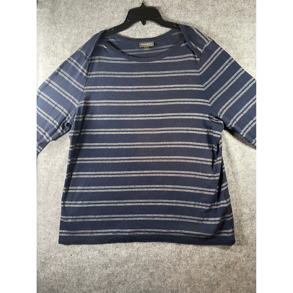 Style & Co Womens 3X Navy Blue Silver Metallic Striped Boat Neck Knit Top Lurex